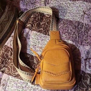 Tan Crossbody Bag with Patterned Strap